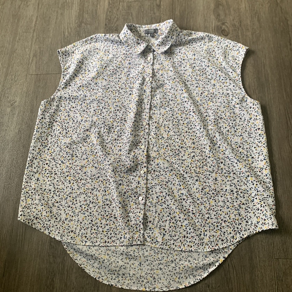 Madison Curvy Womens 3X Tall Button Up Shirt Sleeveless Speckled White Colorful